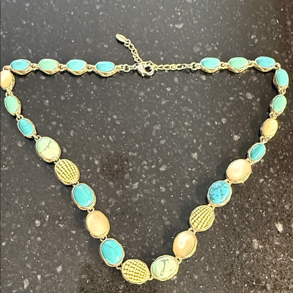 Vintage Monet Gold and Turquoise Necklace Nautical with shells and MOP